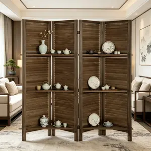 4 Panel Folding Room Divider Screen, 5.6 Ft Tall Freestanding Privacy Partition with Display Shelves, Brown Foldable Wall Divider Screen for Bedroom Living Room Office Decor tiktokshopspringglowup