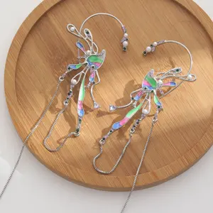 New Style Classic Copper Oil Drip Butterfly Tassel Ear Cuff Fairy Forest Style Integrated Non-Pierced Ear Bone Clip Earrings for Women