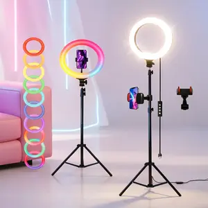 12" Dimmable RGB Ring Light with 63" Tripod Stand and Dual Phone Holders, LED Selfie Light with Multiple Color Modes for Makeup, Video Recording, Live Streaming, Vlogging, YouTube, Perfect Compatible with iPhone and Android