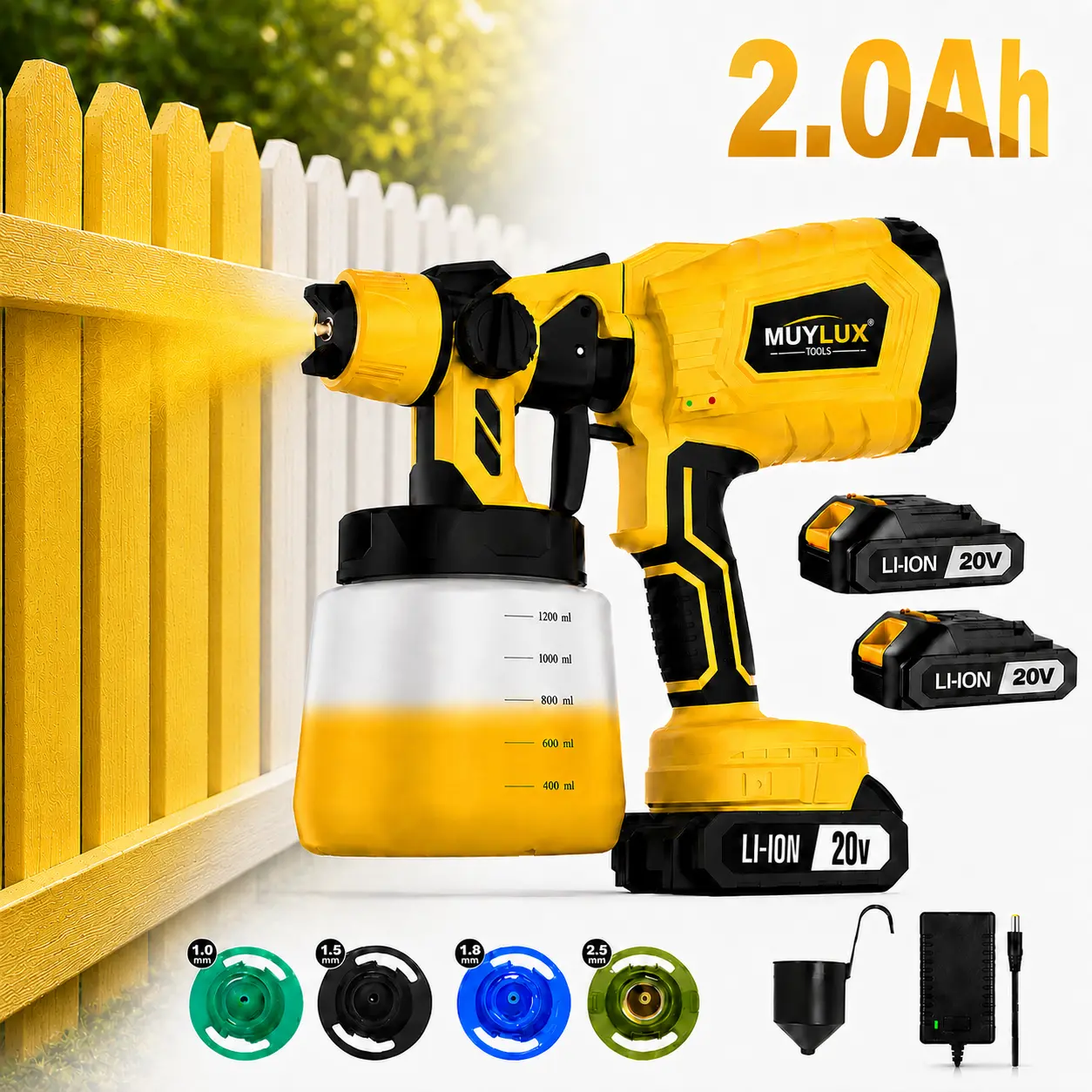 20V Cordless Paint Sprayer, 1200ML Electric Spray Gun with 4 Nozzles, Adjustable Flow Control, 2.0Ah Battery Powered for Furniture, Fence, Home DIY Projects with Even Coat Capability