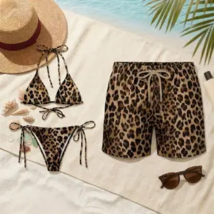 Unisex Couple 2-Piece Swimset - Leopard Cheetah Print Adjustable String Bikini, Moisture-Wicking Men’s Swim Trunks, Swimsuits, Swim Wear for Honeymoon Beachwear