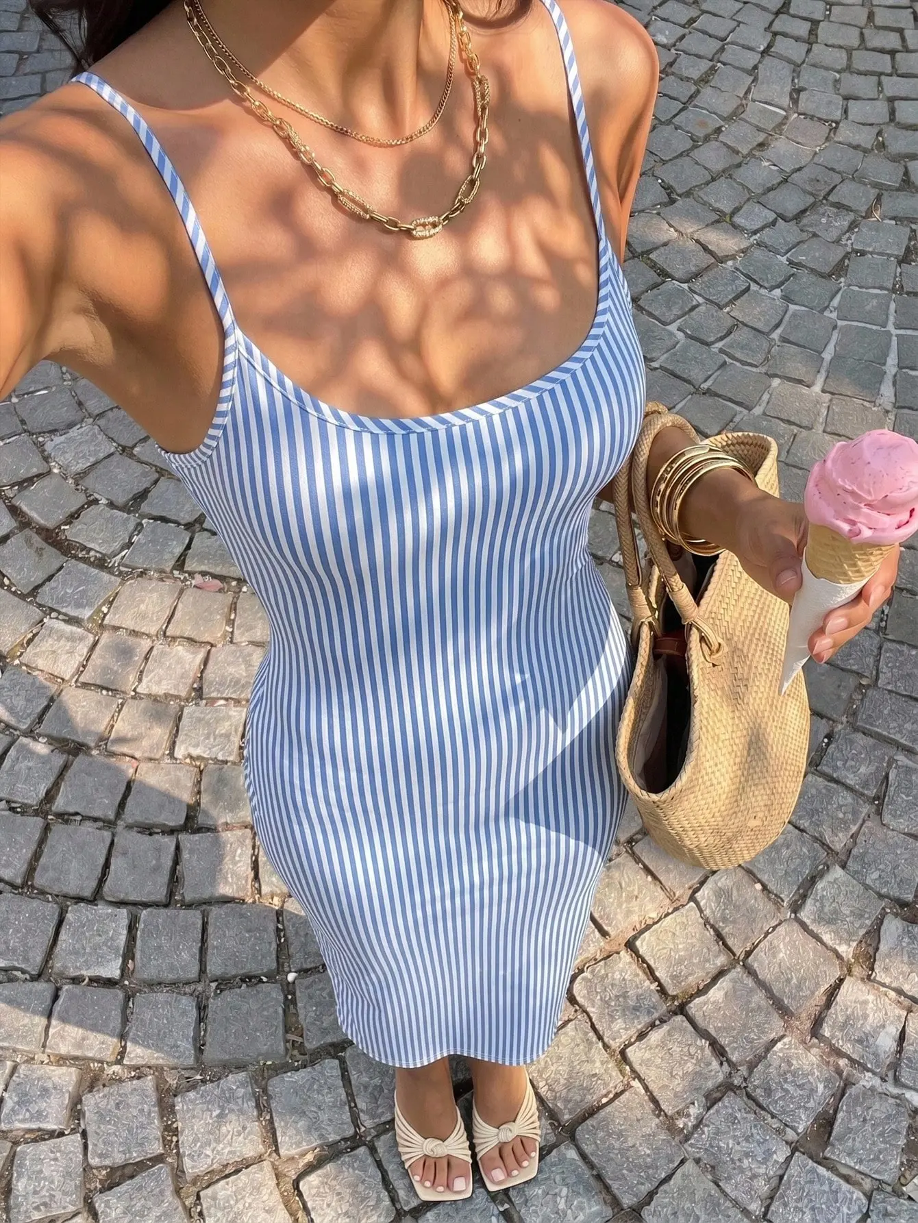 Blue And White Stripe Summer Casual Picnic Holiday Vintage Nautical Print Elegant Midi Slip Dress,Women Knit Textured Bodycon Weddin