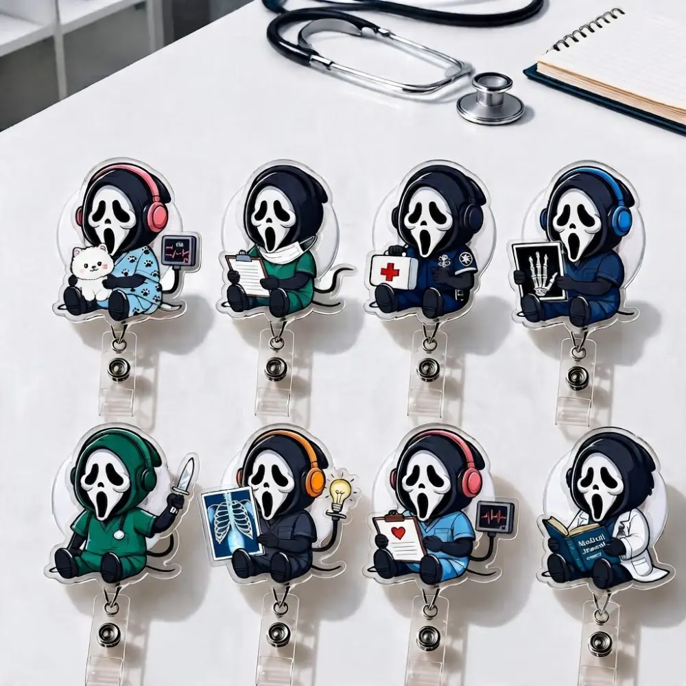 Ghostface Scream Badge Reel Retractable Nurse ID Holder, Funny Halloween Medical Name Tag Clip