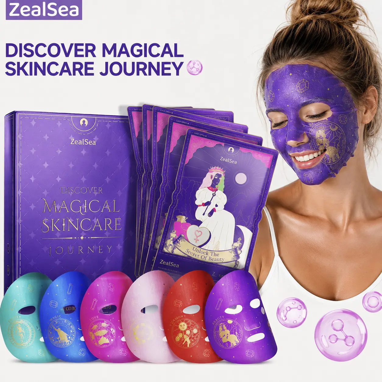 ZealSea Collagen Facial Mask Mix Set,6 Pack Unisex Biodegradable 28ml Hydrating Sheet Masks with Astaxanthin, CoQ10, Anti-Aging, All Skin Compatibility, Leave-On Tarot Art Self-Care Face Care Products For At-Home Spa Use Skin Repair, Unscented
