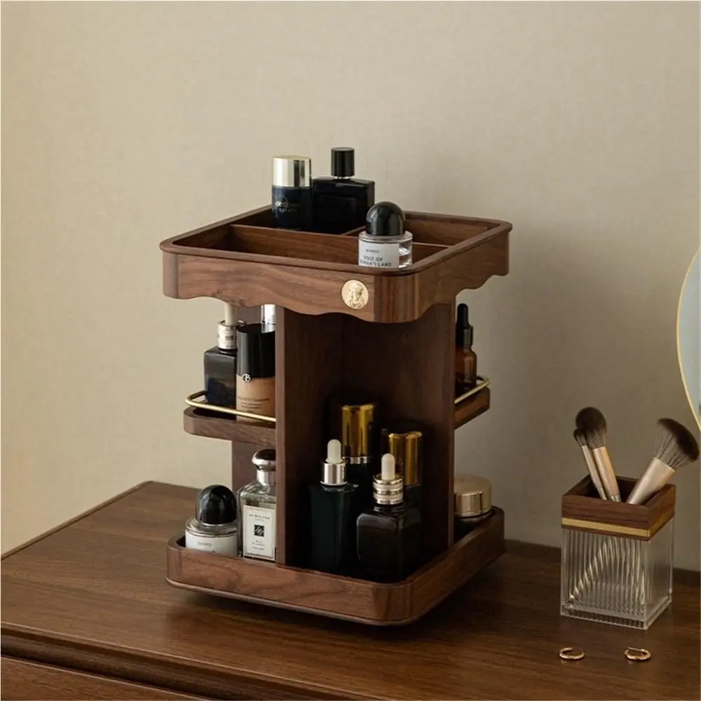 360° Rotating Bamboo Beauty Organizer with Adjustable Wooden Shelf & Compartments - Smooth Walnut Home Storage Box, Large Capacity Vanity Holder for Skincare, Perfume, Boxes, Rotates