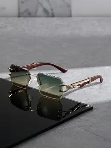 Unisex retro round sunglasses with metal frame and wood grain eyeglass legs - gradient green to black lenses, Vintage trendy sunglasses