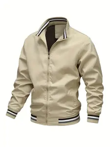 Men's Spring & Fall Flight Jacket, Long Sleeve, Fashionable Casual Outerwear, American Style, Fitted Design, No Padding, Plain Pattern, Fashion Casual Coats