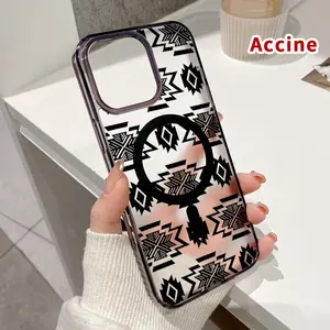 Magnetic Phone Case Supports Wireless Charging for iPhone 16 Pro Max 15 Plus 14 13 12 11 XR XS E Western Noir Elements Pattern Shockproof Durable ultra-thin Crystal Transparent Protective Cover