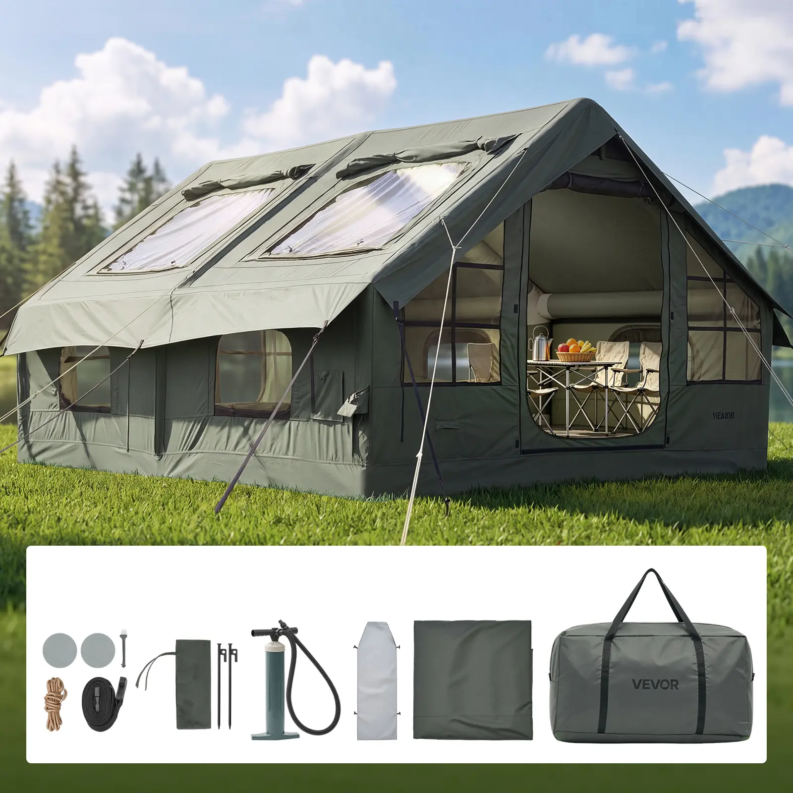 VEVOR Family Size Inflatable Outdoor Camping Shelter, 5-8 Person Blow Up Unit with Pump, Green Waterproof Poly-Cotton, Easy Setup Air Structure with Skylight, Stove Jack, Mesh Windows & Carry Bag