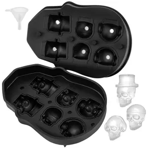 6-Grid Skull Reusable Ice Ball Maker, Flexible Black Silicone Ice Molds with Lid & Funnel, 3 Distinct Designs for Beverages, Chocolates on Parties, Holidays, Reusable Ice Cubes