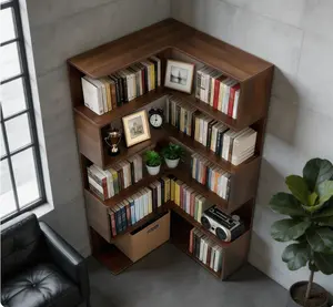 66 Inch Tall Walnut 6-Tier L-Shaped Corner Bookshelf, Freestanding Open Display Bookcase with Anti-drop Baffle, Space-Saving Wooden Storage Shelf for Living Room Bedroom Home Office Decor