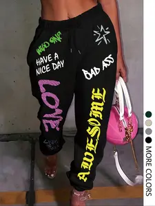 Women's Thick Fleece Jogger Pants, Graffiti Letter Print, Casual Loose Fit, All Seasons Street Style, Long Sweatpants, Printed Sweatpants