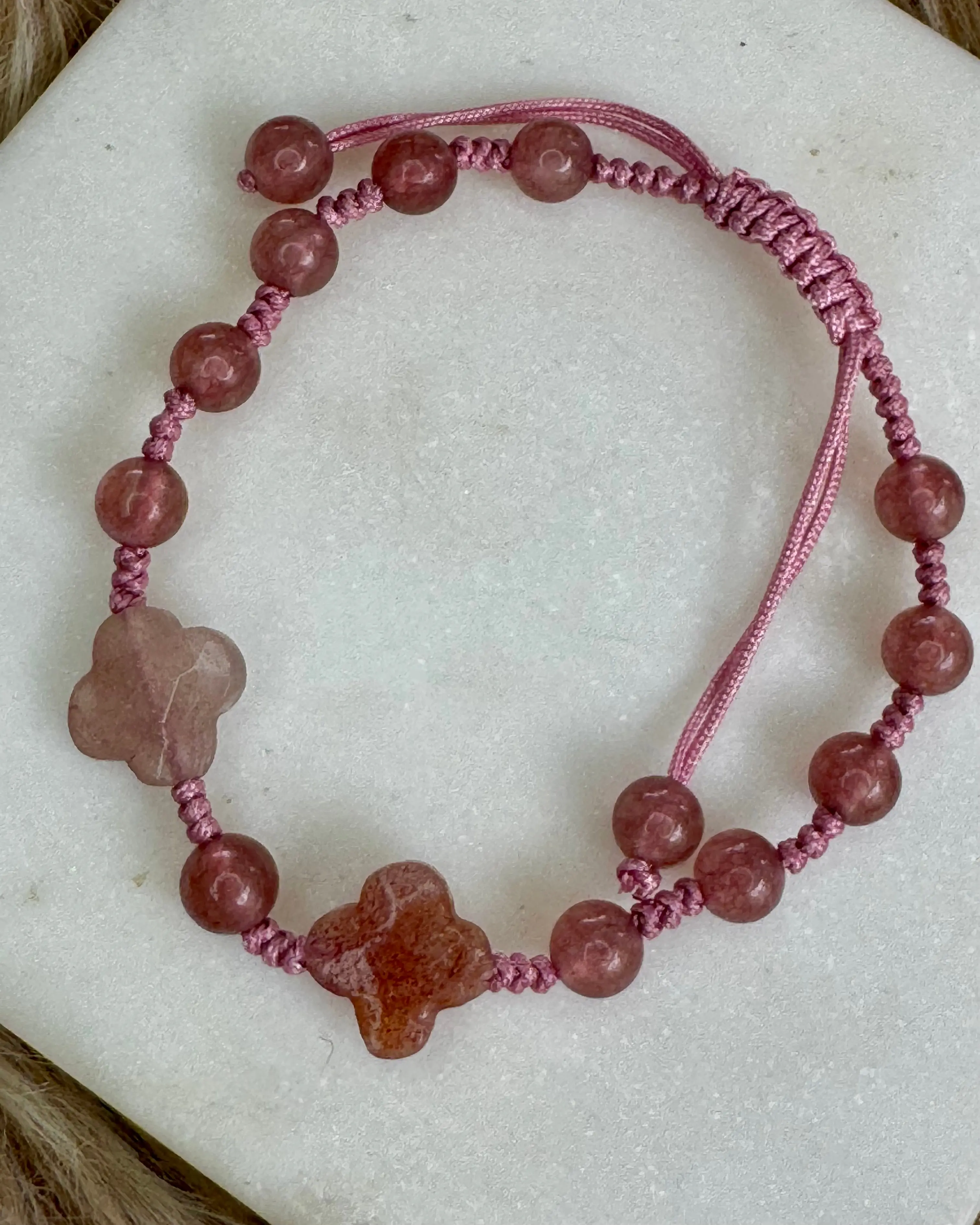 Strawberry Quartz Flower Adjustable Bracelet