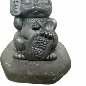 Lucky Cat Shungite Stone, Natural Energy-Healing Crystal for Home Decor & Positive Vibes Enhancement