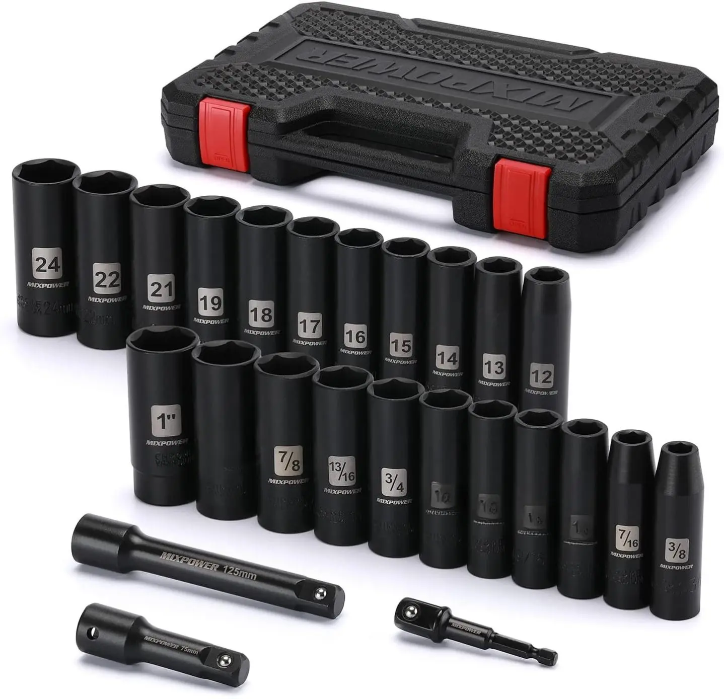 25-Piece 1/2" Drive Deep Impact Socket Set – Metric/SAE CR-V with Extensions & Adapter (12mm–24mm, 3/8"–1")