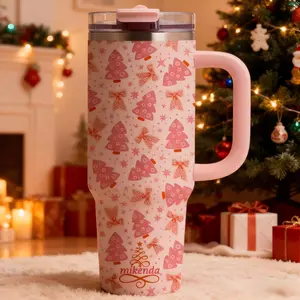 1 Pc 40oz insulated thermal mug with handle, double wall leak-proof vacuum cup, pink Christmas tree and bow pattern, festive cute holiday design, keeps hot 12 h/cold 24 h, large capacity tumbler for hot cold drinks, Insulated Travel Drinkware