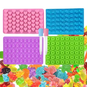 4PCS Silicone Gummy Bear Mold Set with 2PCS Droppers Non-Stick Easy Release Fun Shapes Including Mini Dinosaurs Bears Hearts & Donuts Ideal for DIY Candy Making Baking Crafts Cute Pastel