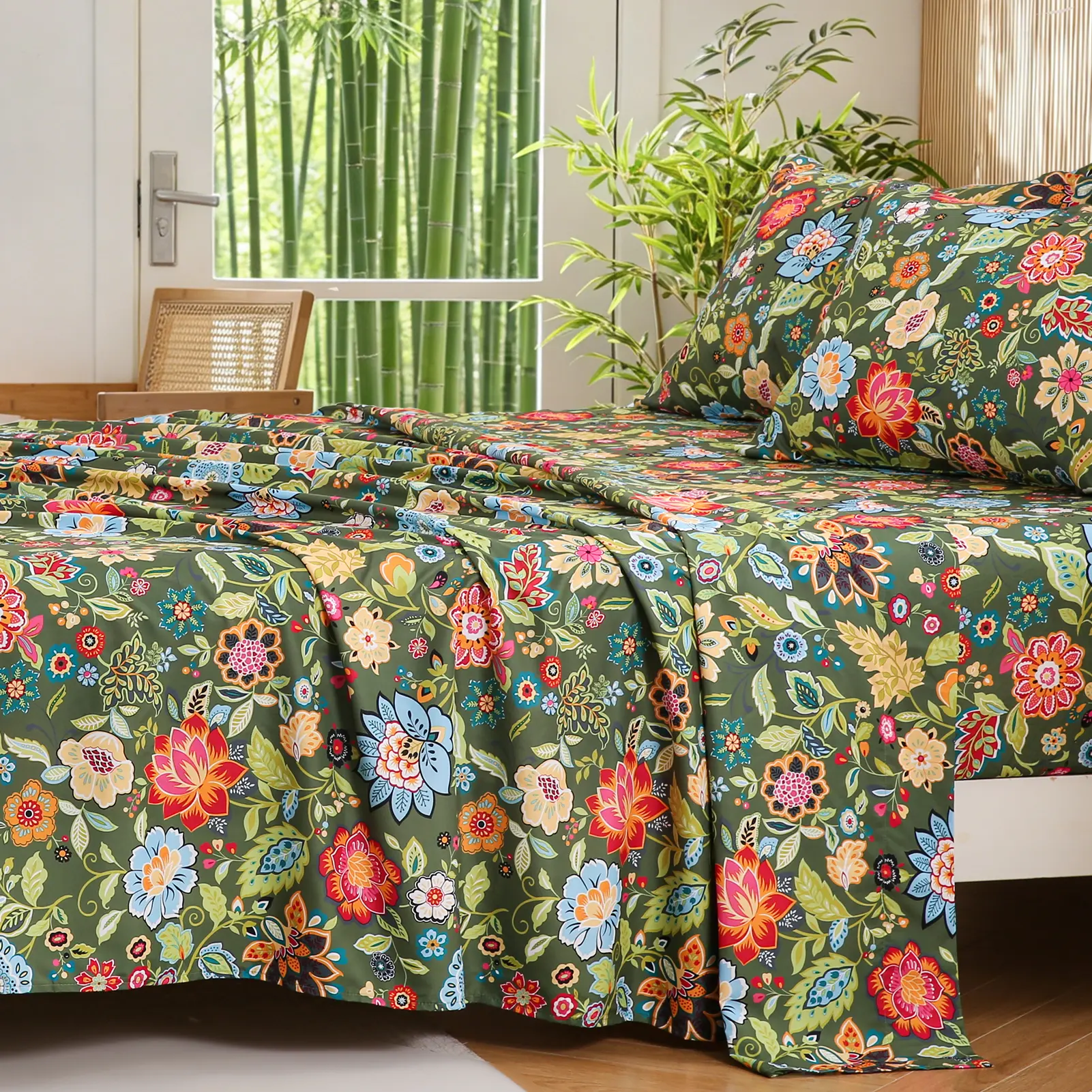 Bedlifes Bamboo Blend Bed Sheet Set Cooling & Silky Soft Floral Bedding Sheets Breathable Comfort Deep Pocket Fit 14-21" Mattress