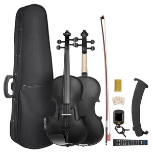 VEVOR Violin 4/4 Full Size for Adults, Violin Fiddle Set for Beginners Student with Hard Case, Rosin, Bow, Shoulder Rest, Bridge, Tuner and Extra Strings, Professional Solidwood Instruments  (Black)