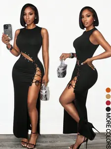 Sexy Women's Sleeveless Cross Tie Dress, Slim-Fitting Long Dress with Split Thigh Slit for Special Occasions, Elegant Evening Gown Formal Wear
