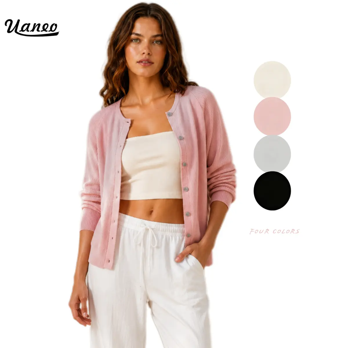 UANEO Women's Long Sleeve Lightweight Knit Cardigan Sweater Crew Neck Soft Ribbed Button Down Fitted Breathable Top for Casual Office Spring Summer Layering