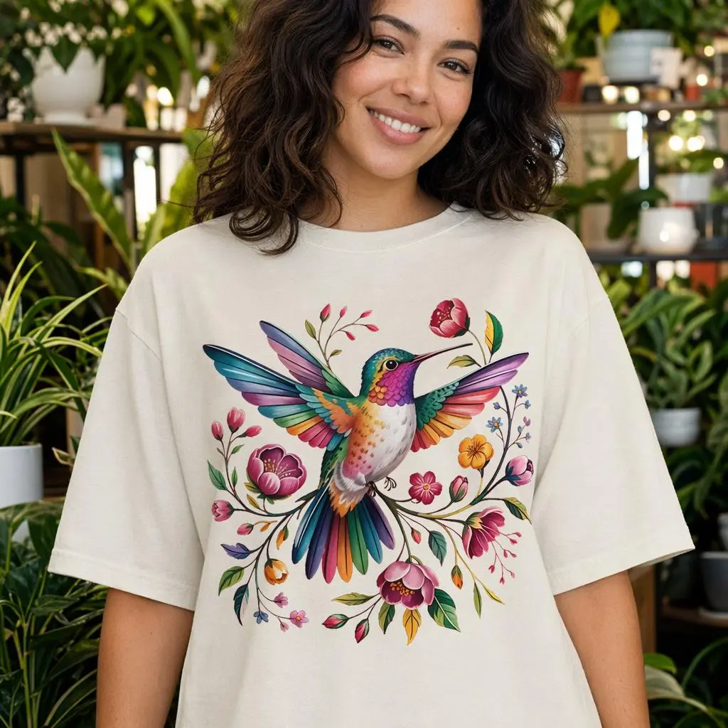 Watercolor Hummingbird Floral Graphic Tee Women Plus Size Botanical Bird Shirt