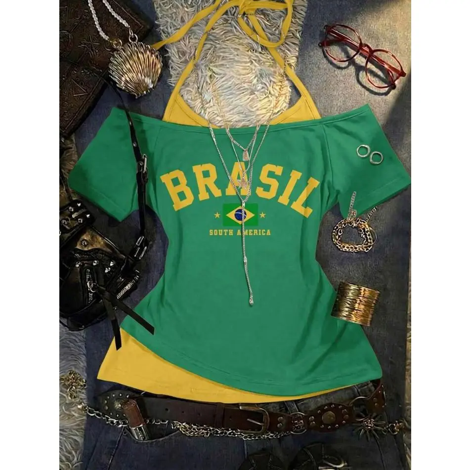 Women's Casual Contrast Color 2 In 1 Tight T-Shirt, Brazil Soccer Jersey, 2026 Brazil Selection Cup Shirt,Casual,Going Out,Summer