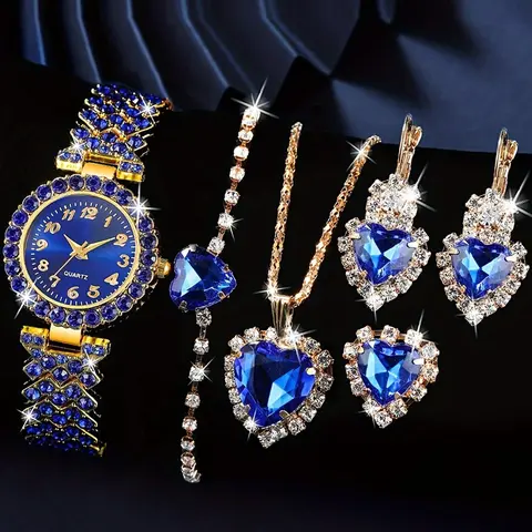 Women's Elegant Fashion Watch & Jewelry Set, Including Round Dial Watch & Heart Shaped Earrings & Pendant Necklace & Ring, Trendy Watch Set for Women as a Gift, Jewellery Gift Set, Fashionable Jewelry Set