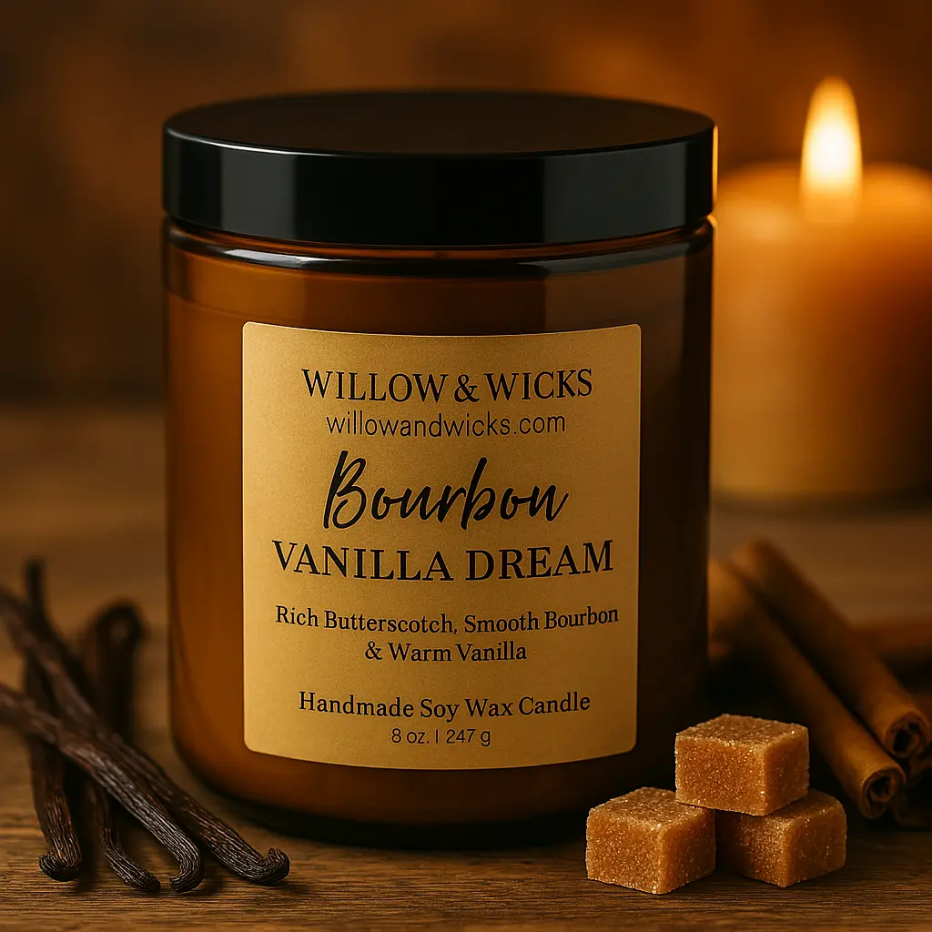 Willow & Wicks Bourbon Vanilla Dream Candle – Butterscotch, Bourbon & Sandalwood – Clean-Burning Soy Wax – Cozy, Warm & Rich Scent – 8oz Amber Jar