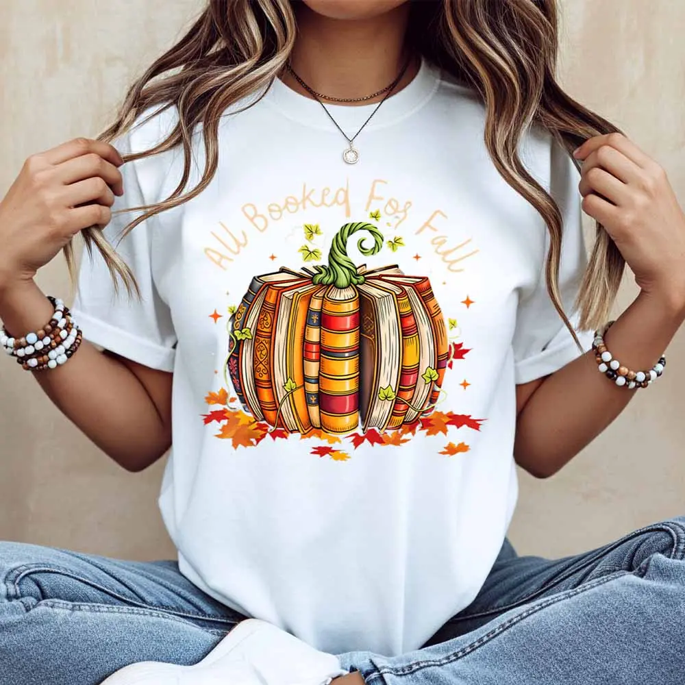 All Booked For Fall Pumpkin Books Print T Shirt Women Casual Short Sleeve Top Autumn Theme Graphic Tee