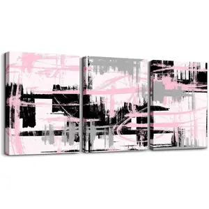 Feelyou 3-Piece Framed Canvas Wall Art - Modern Geometric Pink, Black, Grey Stripes Home Decor Items, Modern Hanging Decor for Girls' Room, Living Room Decorations