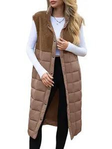 TANKANEO Women's Long Puffer Vest Fleece Jacket Winter Button Down Sleeveless Coats