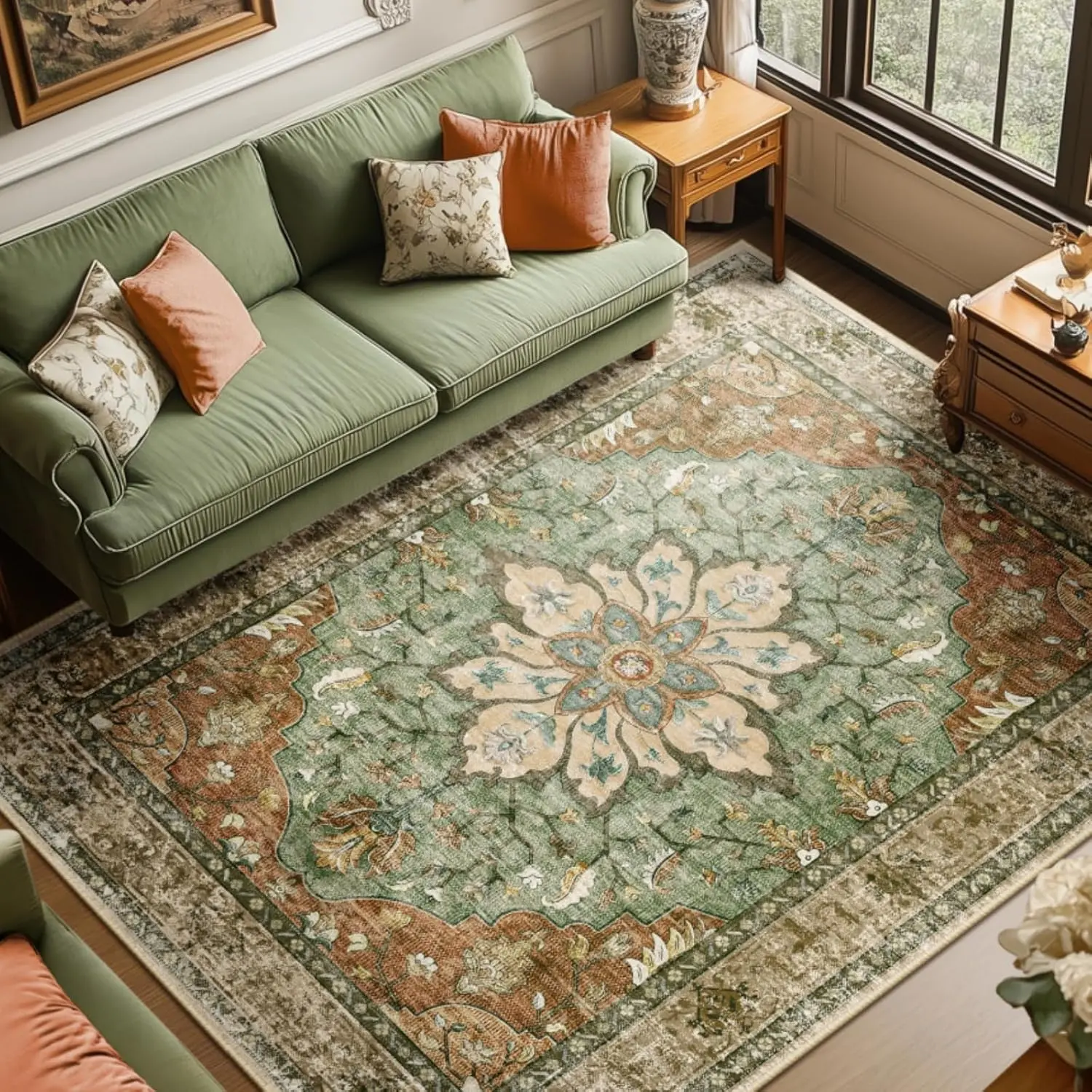 Area Rugs 8'x10' Washable Non-Slip, Floral Vintage Distress Medallion Carpet for Living Room Bedroom Dining Room, Terracotta Burnt Orange Green