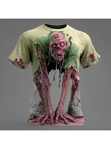 Men's Short-Sleeve T-Shirt with Halloween Optical Illusion Zombie Horror 3D Print, Activewear T Shirt, Athletic Shirt, Suitable for Summer, Daily Wear, Outdoor Sports, Fitness, Quick-Drying and Breathable Top
