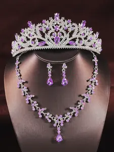 A set of bridal accessories with purple diamonds embellishing the crown, a exquisite necklace, and earrings, consisting of 4 wedding accessories, Elegant jewelry set, Wedding dress, and jewelry are suitable for weddings, parties, dances