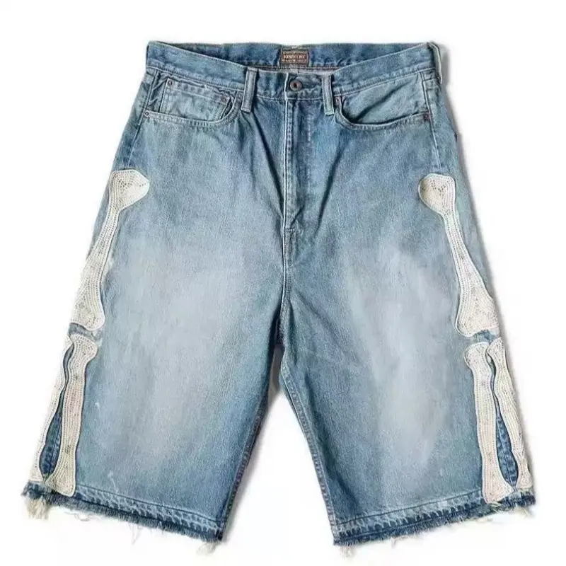 Men's Skull Embroidery Denim Shorts, Vintage Streetwear Style, Casual Loose Fit with Raw Hem and Button Closure, Father's Day Gift
