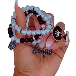 Charm Stack Queen Beaded Bracelets - Beaded Design with Black and Light Blue Beads, Featuring Decorative Charms and "Bougie" Text