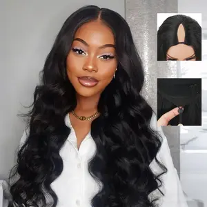 Bling Hair V Part Wig Human Hair Body Wave 180% Density Glueless Upgrade U Part Wig with Drawstring Natural Black No Leave Out No Sew In V Shape Clip In Half Wig for Women Beginner Friendly
