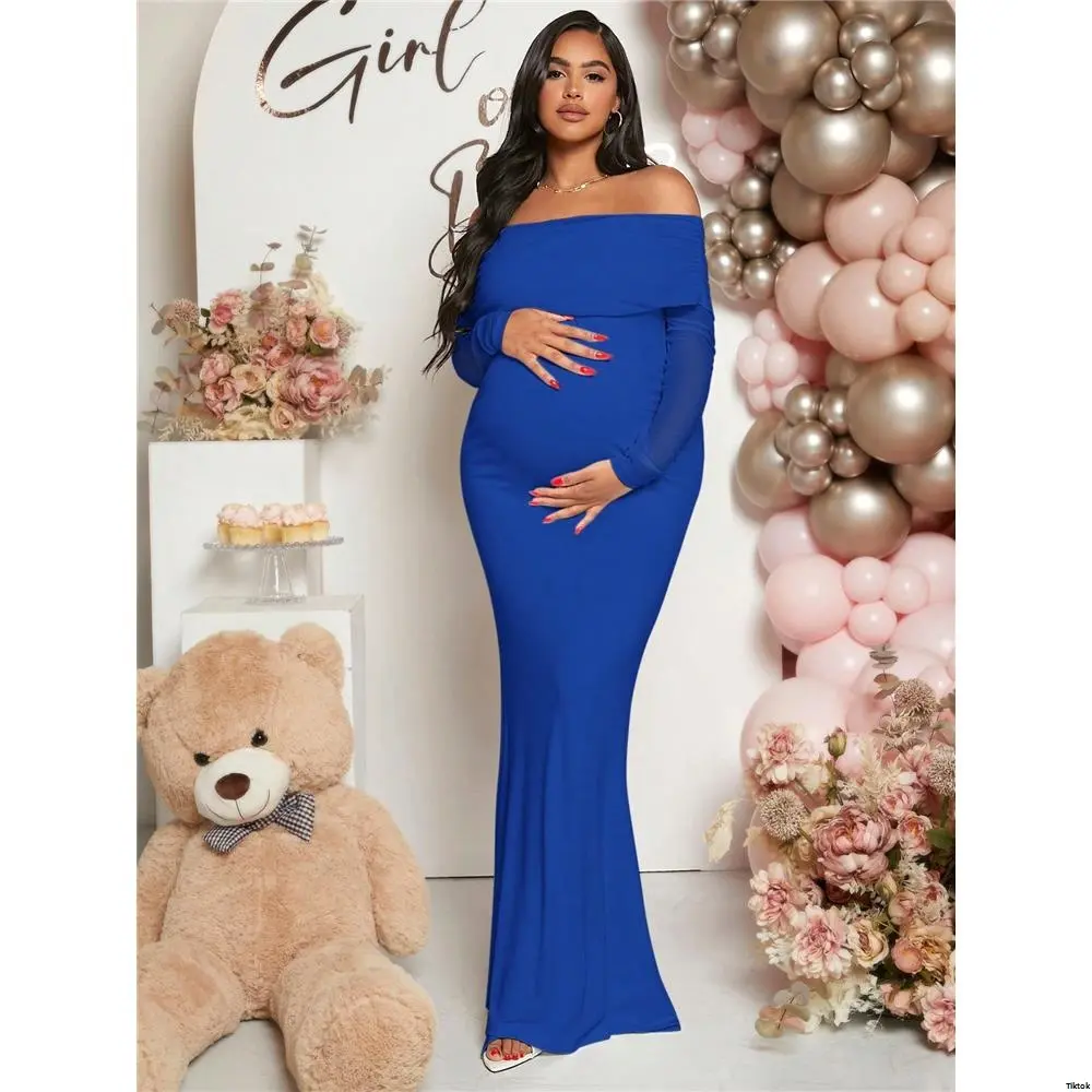 Women's Loomaby Maternity Dress - Off Shoulder, Long Sleeve, Fishtail Baby Shower Dresses Baby Bump, Bump Style Maternity Clothing, Dress The Bump