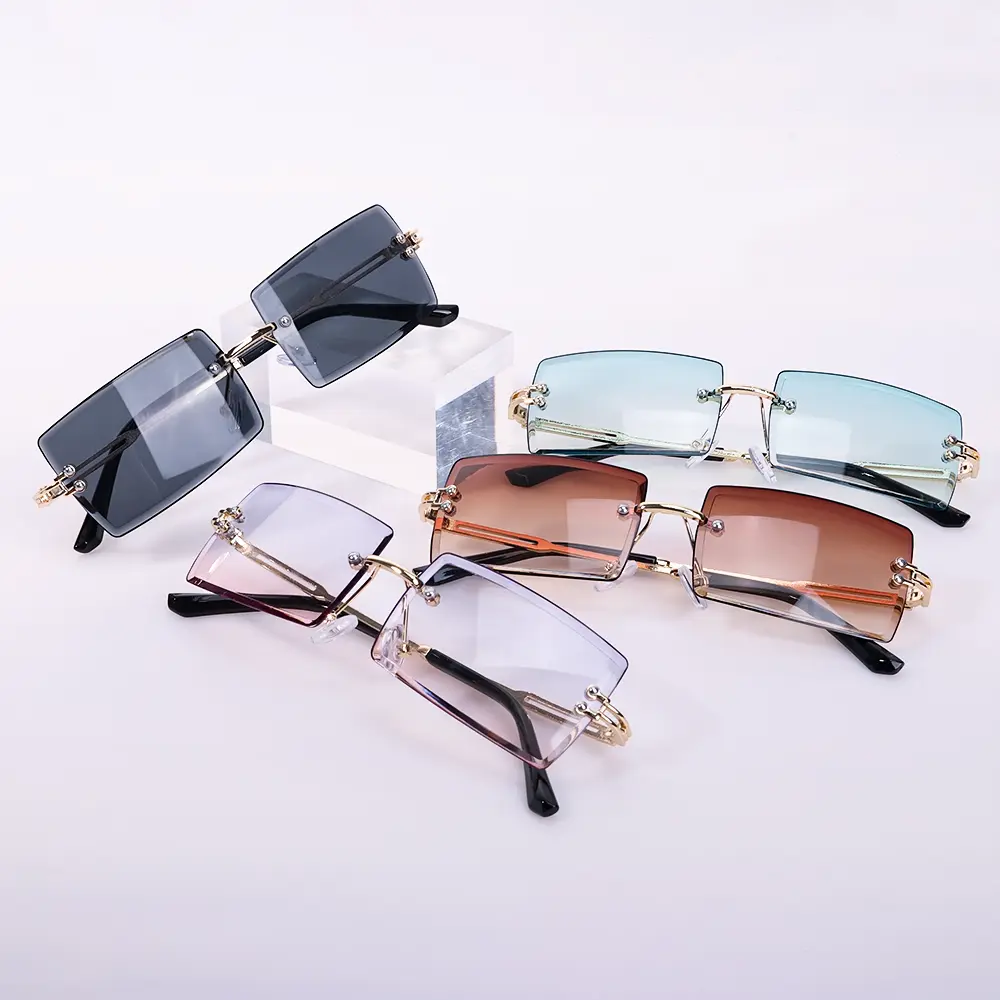 4 piece Frameless Square Glasses Metal Frame Transparent Eyewear Classic Rimless Sunglasses Cutting Lens Sun Glasses for Women Men