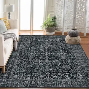 GARVEE Large Washable Vintage Floral Boho Area Rug for Living Room, Bedroom, Dining Room, and Kids Room - Non-Slip, Low Pile Carpet in Black, Size 5x7 Ft