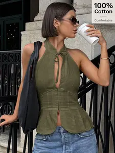 Women Bow Tie Hollow Hanged Neck Slim Fitted Sleeveless Vest Top, Split Front Outerwear Tank Top Chic Summer Green Casual Christmas