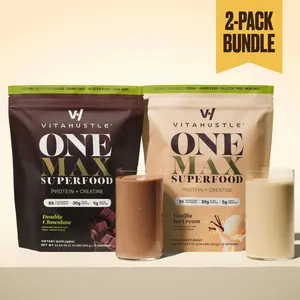 [Live Exclusive] ONE MAX DUOS 2-Bag Bundle | VitaHustle 30g Protein + 5g Creatine Nutrition Shake | Double Chocolate + Vanilla Ice Cream | Plant Protein, Vitamins, Greens, Adaptogens, Probiotics | Vegan, Dairy-Free, Gluten-Free