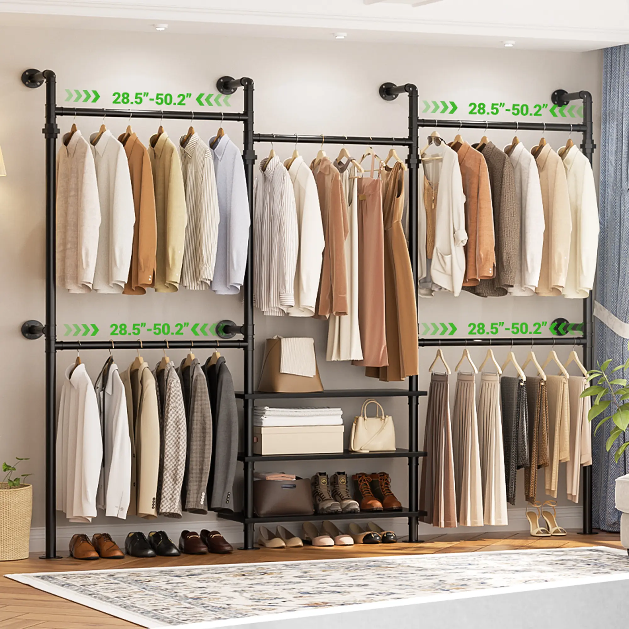Industrial Pipe Garment Rack - Adjustable, Reversible Layout Closet Storage Organizer with Expandable Hanging Rods, Shelves for Folds, Walk-in Wardrobe System for Clothing Hanging, 120Lb