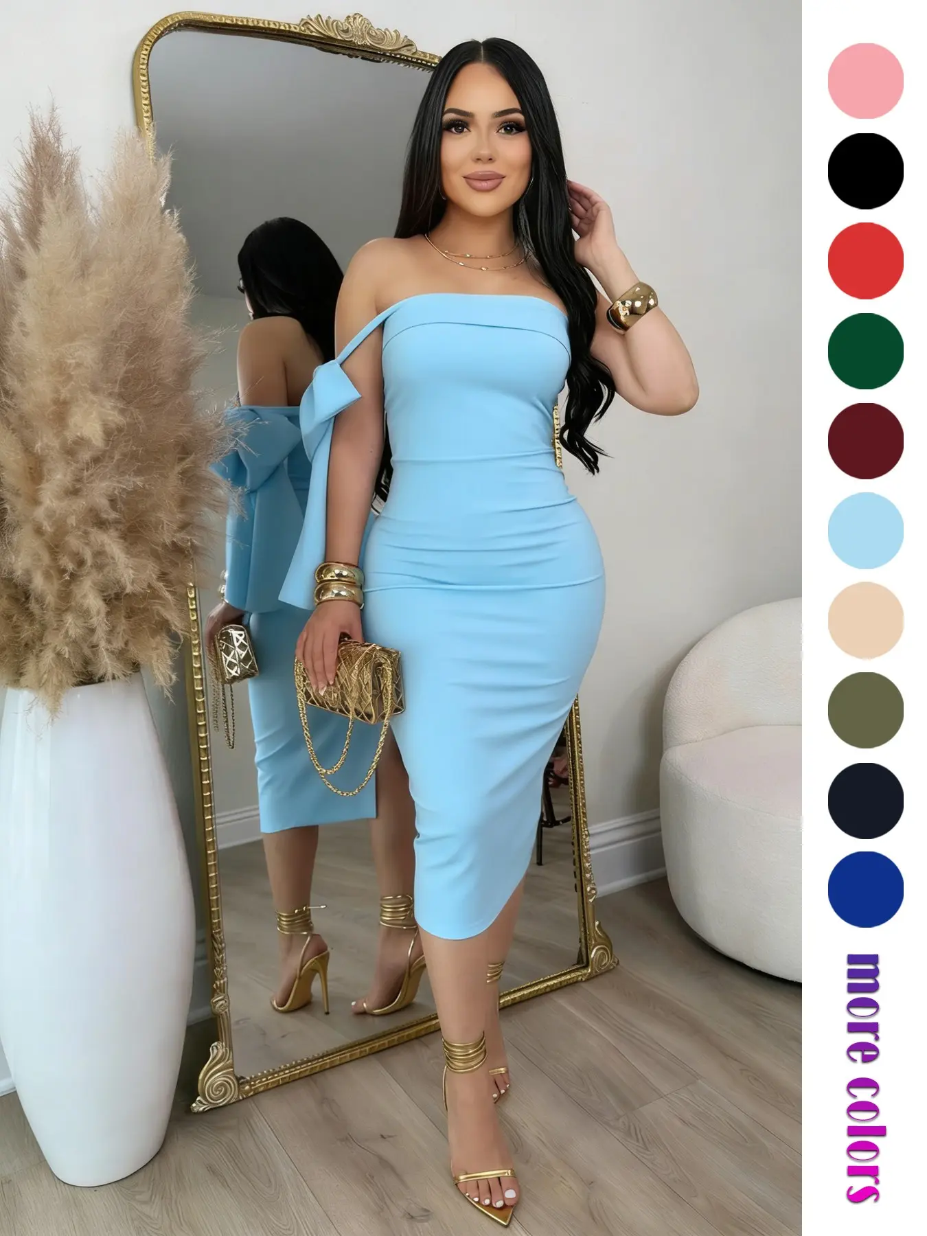 Women's One-Shoulder Bow Backless Midi Dress, Summer Sleeveless Slim Fit Party Evening Home Dress, Bodycon Sleeveless Dress, Plain Surface Unlined Clothing Type