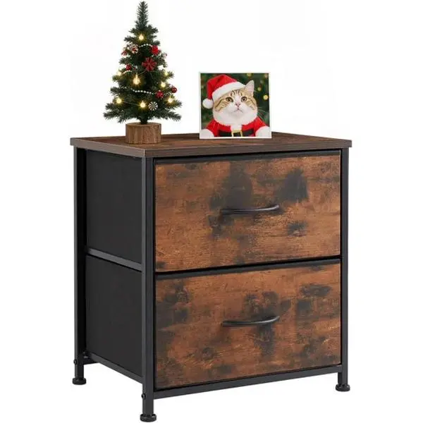 2 Drawer Dresser Bedside Storage Furniture, Small Dresser with 2 Drawers, End Table with Fabric for Bedroom, Closet, Entryway, College Dorm, Brown