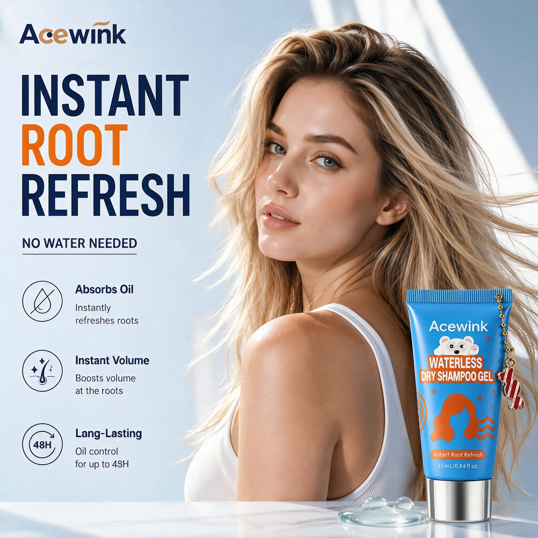 Acewink Waterless Dry Shampoo Gel - Lightweight, No-Rinse Leave-In Haircare for Oily Hair, Instant Root Refresh, Gym & Travel-Friendly Shampoo