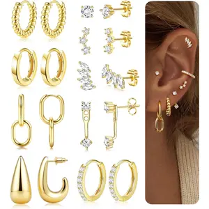 LOLIAS 7Pairs Small Gold Hoop Earring Stacks for Women - 14K Gold Plated Huggie Stud Hoop Earrings Hypoallergenic Stainless Steel Cartilage Earring Sets for Multiple Piercing Lightweight 9Pairs Ear Studs