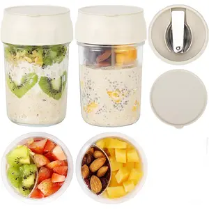 Mason Jar Oatmeal Cup Breakfast Cup with Foldable Spoon, Independent PP Fruit Cup, Sealed Jar, Glass Bottle, Layered Jar, Portable Outdoor Travel Work Portable Cup Jar paper plates paper plates Freezer Jar Reusable Insulated