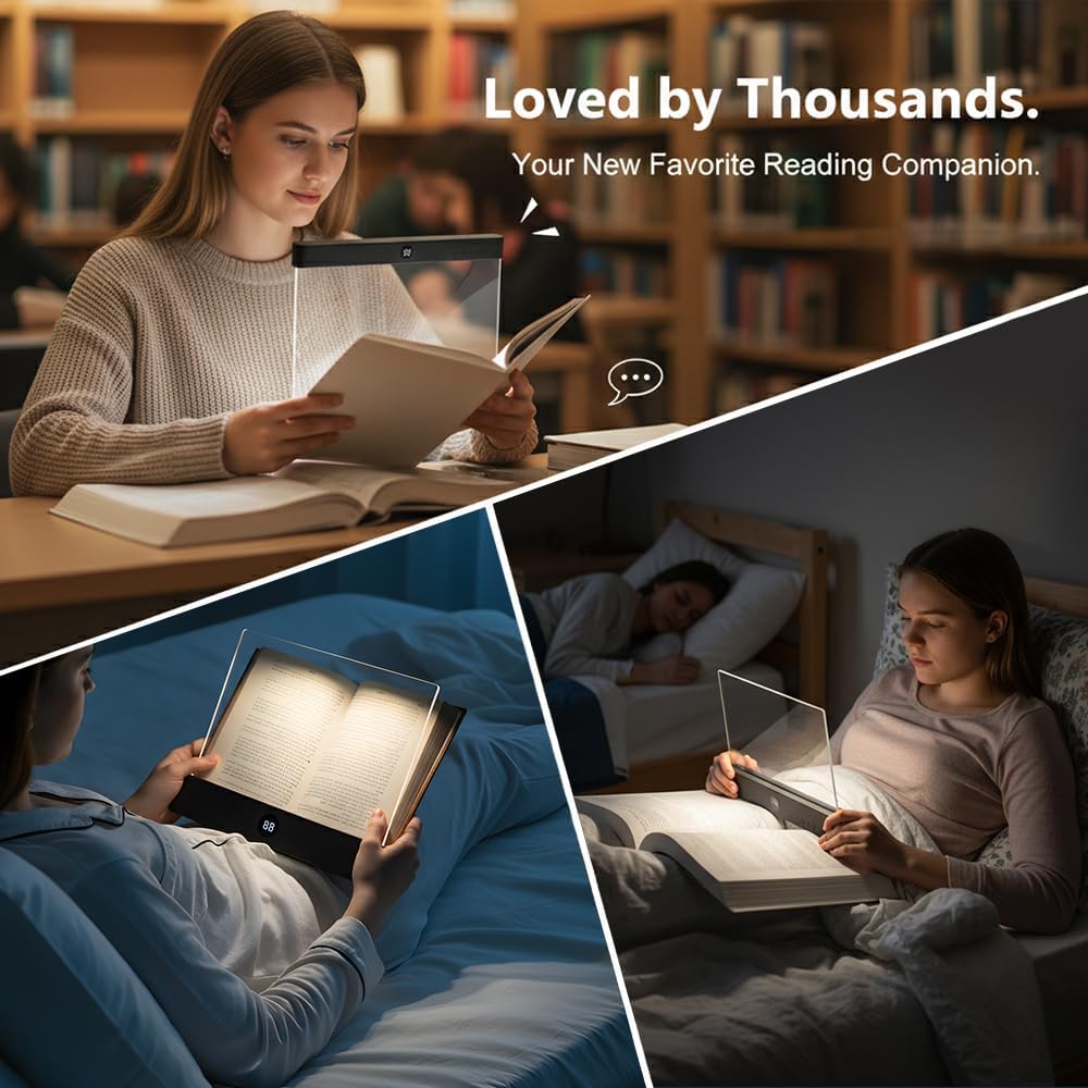 Flat Book Light, Rechargeable Clear LED Smart Reading Light with Timer, Dimmable Full Page Panel Plate Lamp, Eye Protection, Portable Flat Reading Light for Bedside, Travel, Study，private reading light for bed，rechargeable flat panel reading lamp